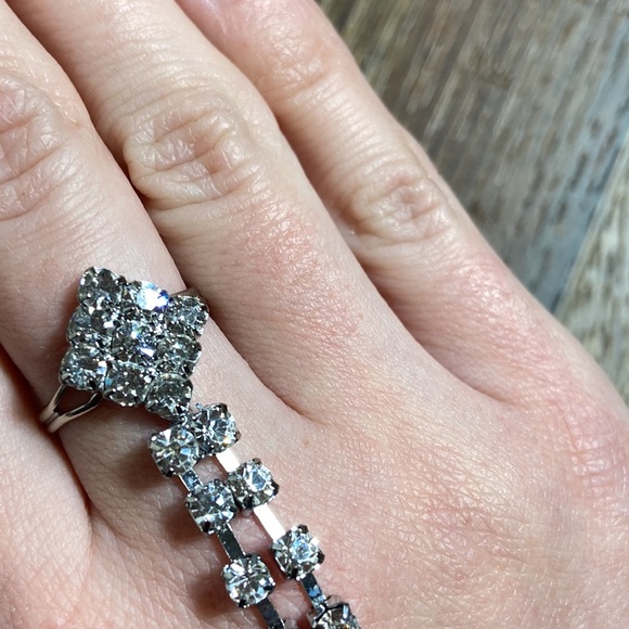 Rhinestone Coil Wrap Bracelet with Attached Adjustable Ring in Silver Tone - Picture 6 of 9